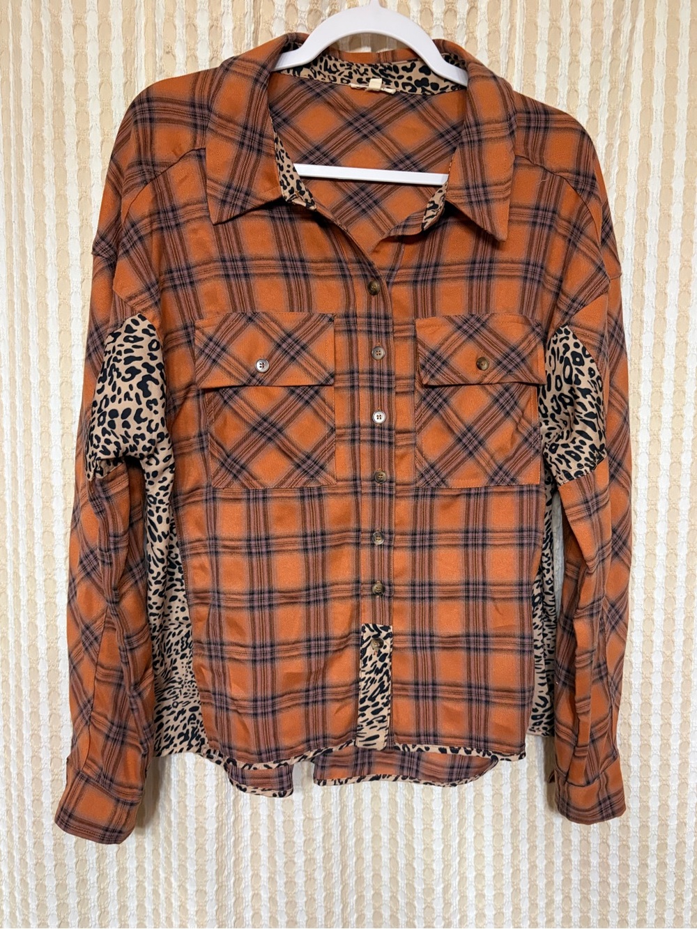 JODIFL Orange Plaid Button-Up with Leopard Accents